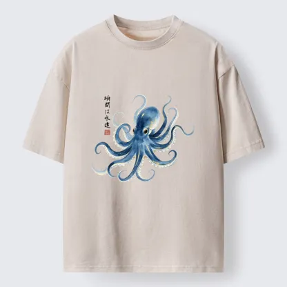 Tokyo-Tiger Stylish Blue Octopus Japanese Washed T-Shirt