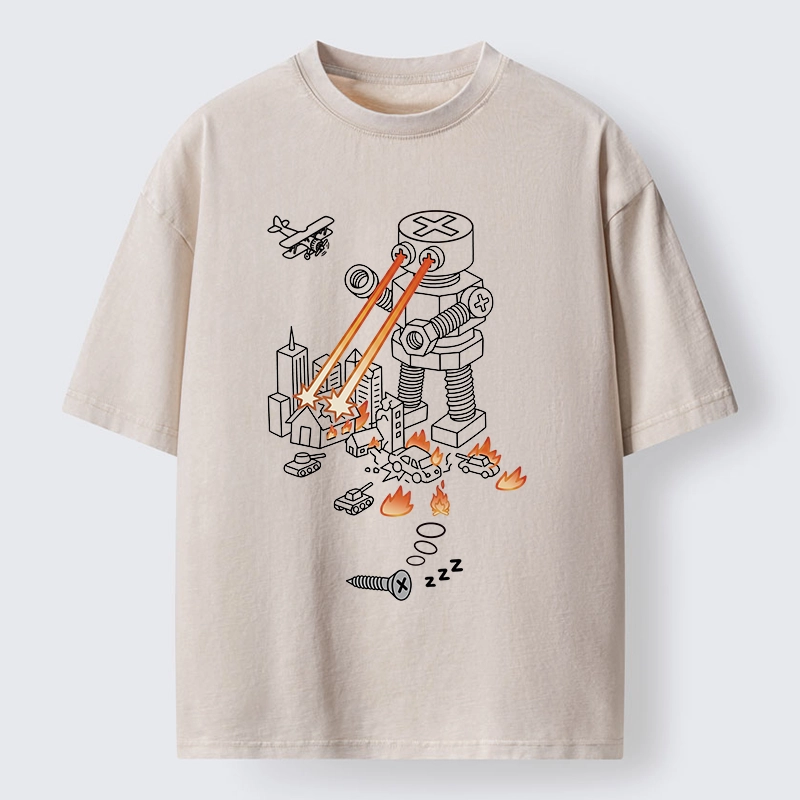 Tokyo-Tiger Funny Screw Robot Destroying City Washed T-Shirt