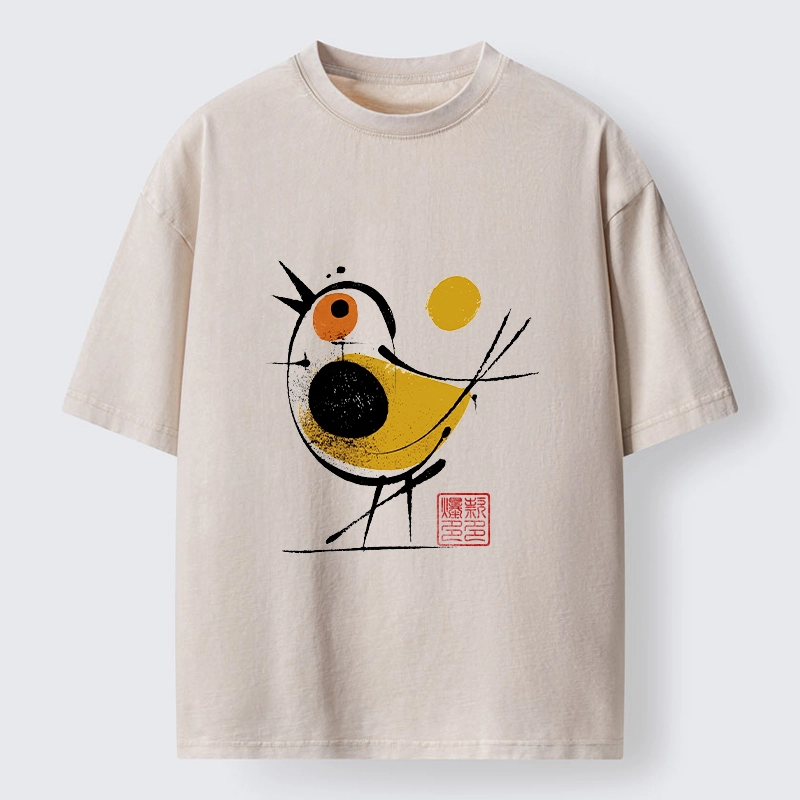 Tokyo-Tiger Aesthetic Yellow And Black Bird Washed T-Shirt