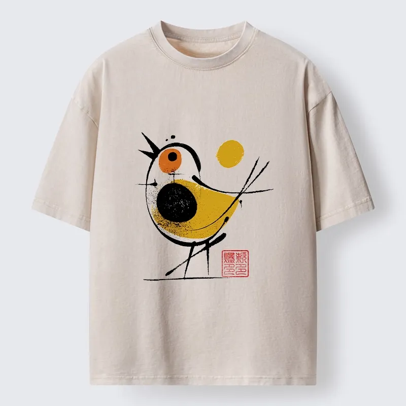 Tokyo-Tiger Aesthetic Yellow And Black Bird Washed T-Shirt Sale