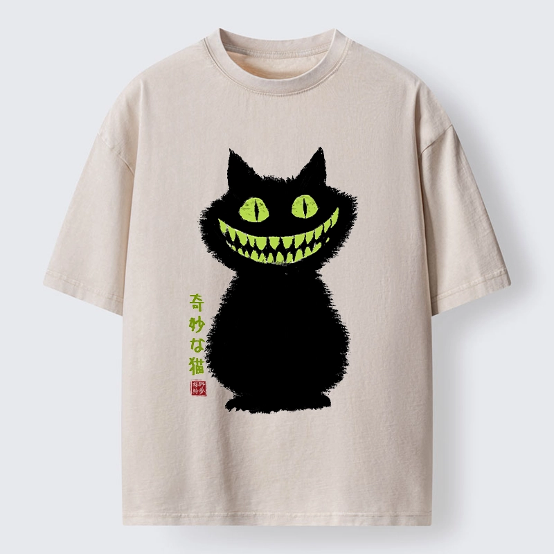Tokyo-Tiger Spooky Black Cat With Green Teeth Washed T-Shirt