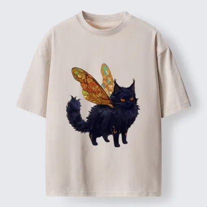 Tokyo-Tiger Funny Fairy Black Cat Art Washed T-Shirt