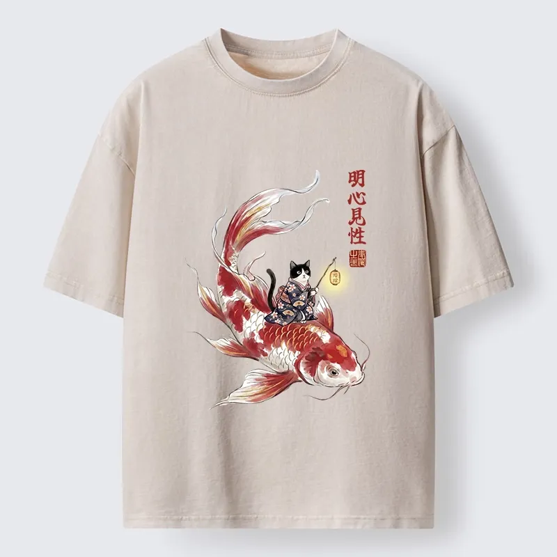 Tokyo-Tiger Cute Kimono Cat On Koi Fish Washed T-Shirt Sale