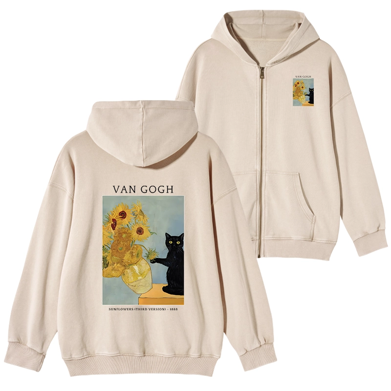 Tokyo-Tiger Black Cat With Sunflowers Washed Zip Hoodie