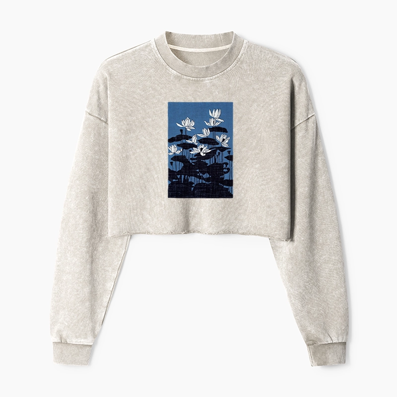 Tokyo-Tiger Blue Lotus Japanese Art Washed Crop Sweatshirt