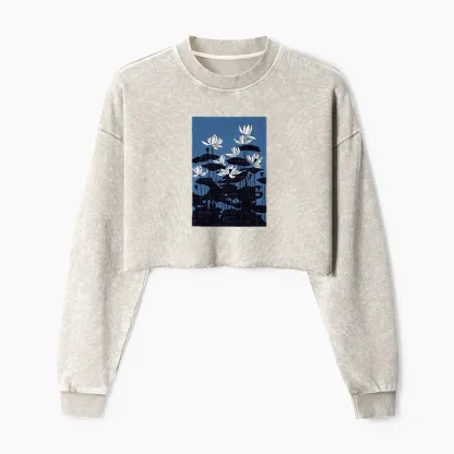 Tokyo-Tiger Blue Lotus Japanese Art Washed Crop Sweatshirt