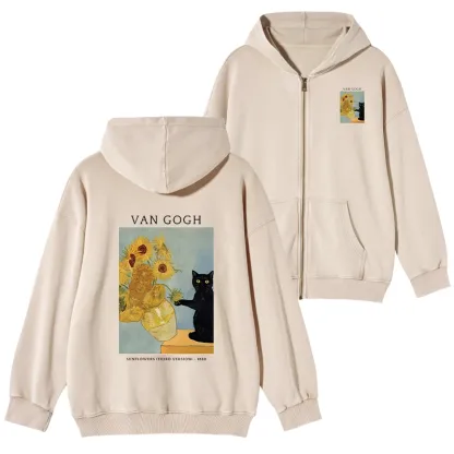 Tokyo-Tiger Black Cat With Sunflowers Washed Zip Hoodie