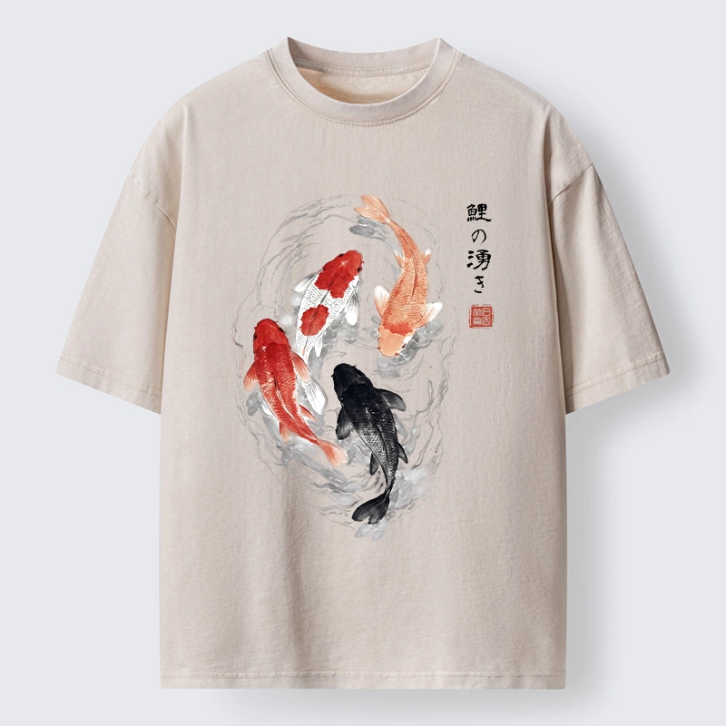 Tokyo-Tiger Koi Fish Flow In Traditional Ink Style Washed T-Shirt
