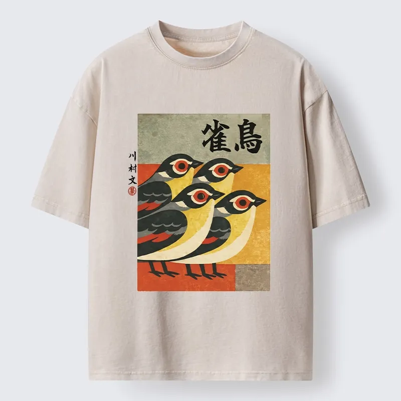 Tokyo-Tiger Cute Sparrows In Retro Japanese Print Washed T-Shirt Sale