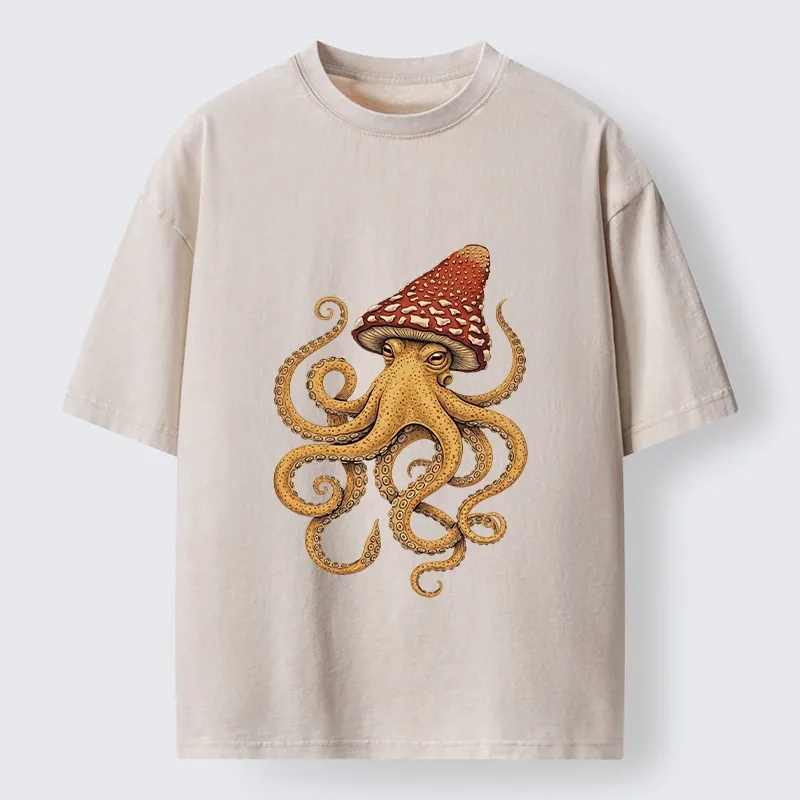 Tokyo-Tiger Mushroom Octopus Fantasy Art Washed T-Shirt