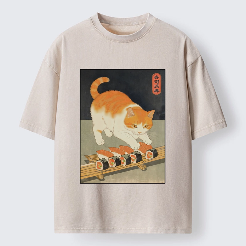 Tokyo-Tiger Cat Trying To Steal Sushi Washed T-Shirt