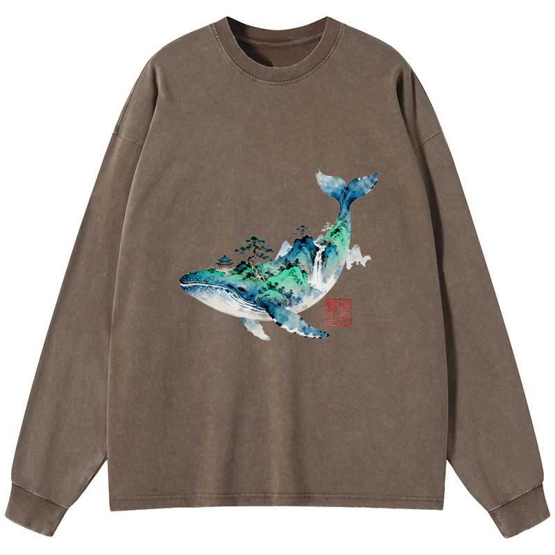 Tokyo-Tiger Whale Ink Painting Landscape Washed Long Sleeve T-Shirt