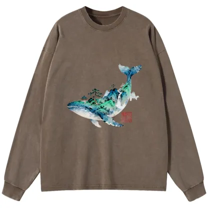 Tokyo-Tiger Whale Ink Painting Landscape Washed Long Sleeve T-Shirt