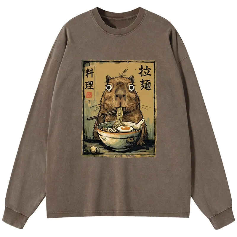 Tokyo-Tiger Cute Capybara Eating Ramen Washed Long Sleeve T-Shirt