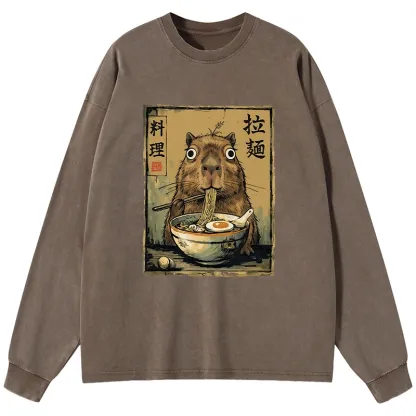 Tokyo-Tiger Cute Capybara Eating Ramen Washed Long Sleeve T-Shirt