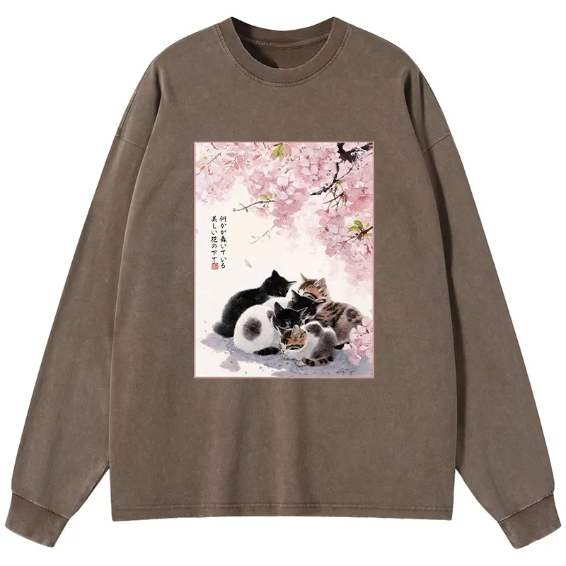 Tokyo-Tiger Cute Cats Sakura Garden Washed Long Sleeve T-Shirt