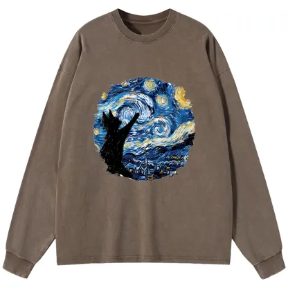 Tokyo-Tiger Starry Night Black Cat Washed Long Sleeve T-Shirt