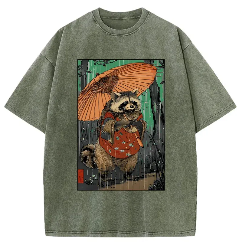 Tokyo-Tiger Cute Raccoon Japanese Washed T-Shirt