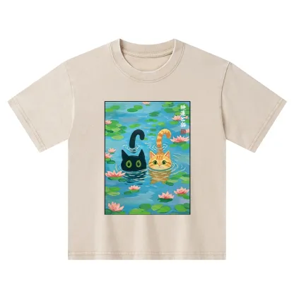 Tokyo-Tiger Cats In The Lotus Pond Kids Washed T-Shirt
