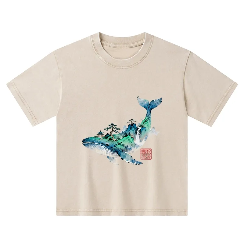 Tokyo-Tiger Whale Ink Painting Landscape Kids Washed T-Shirt Sale