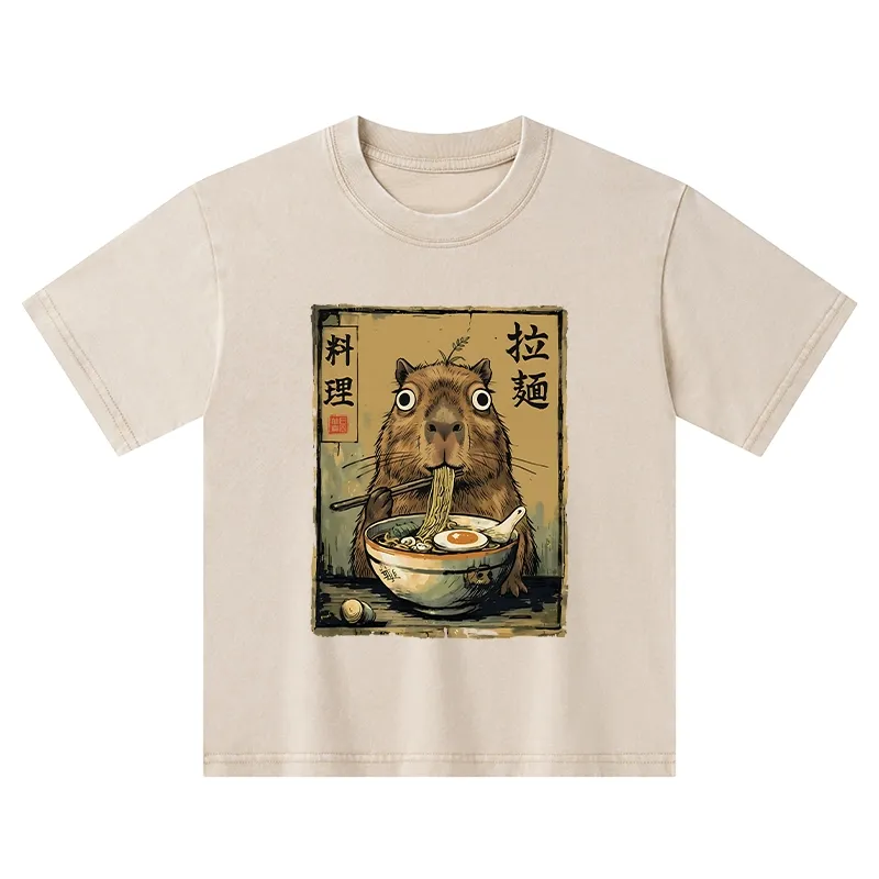 Tokyo-Tiger Cute Capybara Eating Ramen Kids Washed T-Shirt
