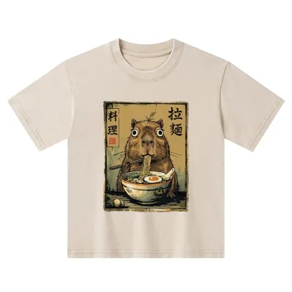 Tokyo-Tiger Cute Capybara Eating Ramen Kids Washed T-Shirt