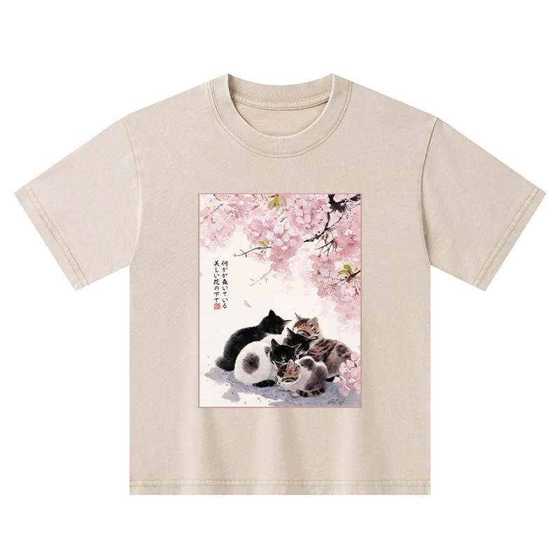 Tokyo-Tiger Cute Cats Sakura Garden Kids Washed T-Shirt