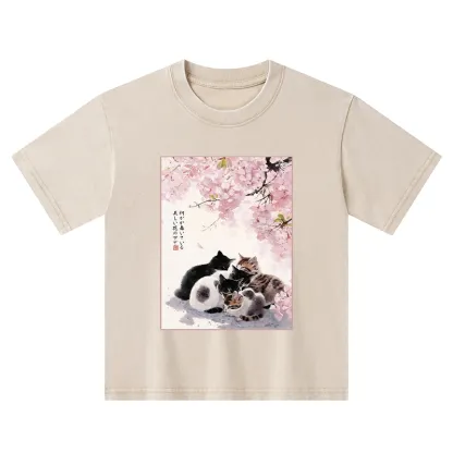 Tokyo-Tiger Cute Cats Sakura Garden Kids Washed T-Shirt