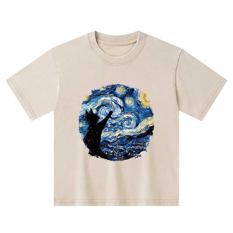 Tokyo-Tiger Starry Night Black Cat Kids Washed T-Shirt