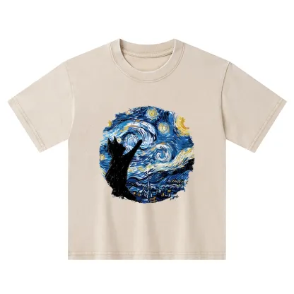 Tokyo-Tiger Starry Night Black Cat Kids Washed T-Shirt