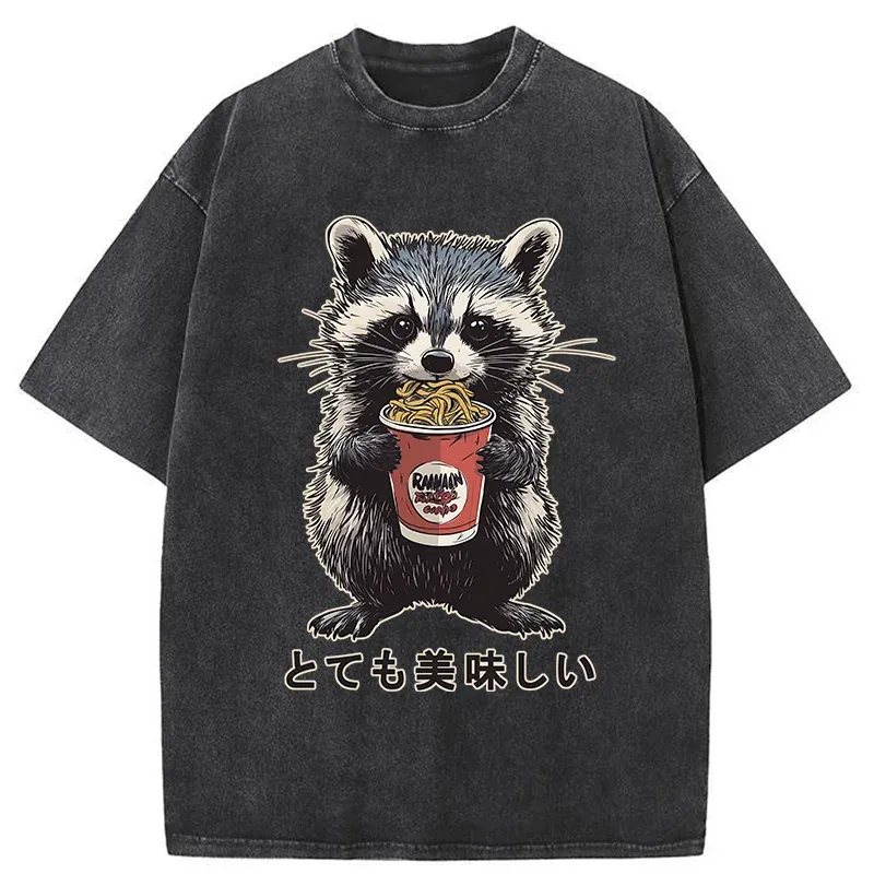 Tokyo-Tiger Cute Raccoon Eating Ramen Washed T-Shirt