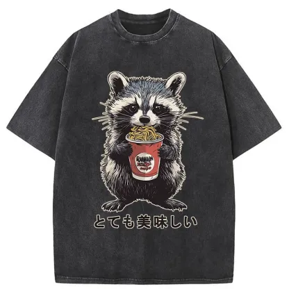 Tokyo-Tiger Cute Raccoon Eating Ramen Washed T-Shirt
