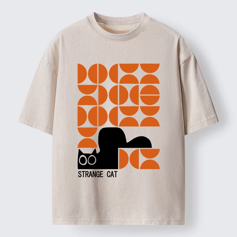 Tokyo-Tiger Black Cat Geometric Pattern Washed T-Shirt