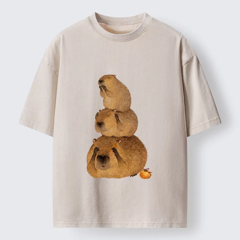 Tokyo-Tiger Capybara Hear No Evil Meme Washed T-Shirt