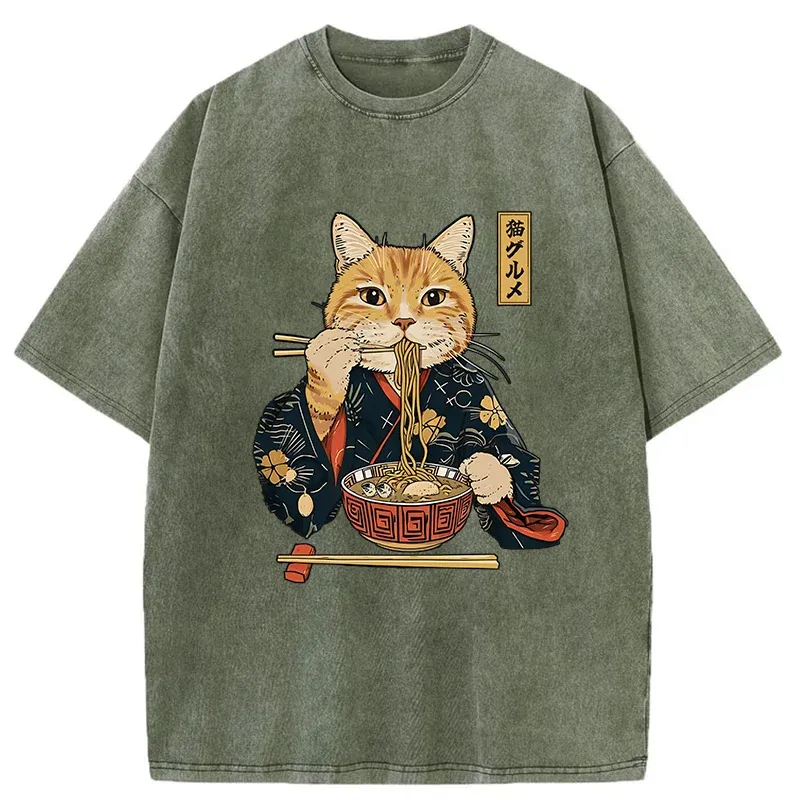 Tokyo-Tiger Elegant Cat Eating Ramen Washed T-Shirt