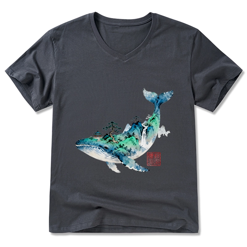 Tokyo-Tiger Whale Ink Painting Landscape V-Neck Classic T-Shirt