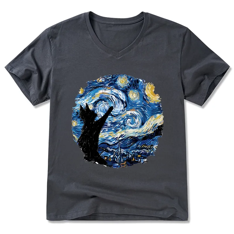 Tokyo-Tiger Starry Night Black Cat V-Neck Classic T-Shirt