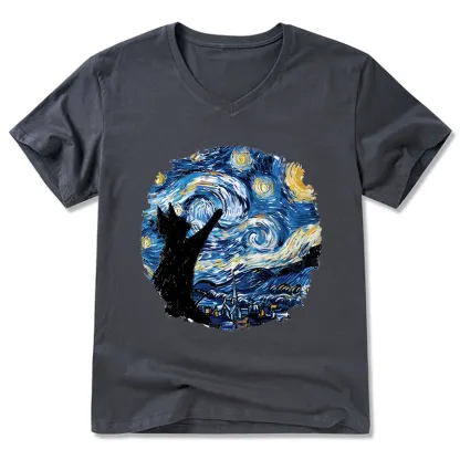 Tokyo-Tiger Starry Night Black Cat V-Neck Classic T-Shirt