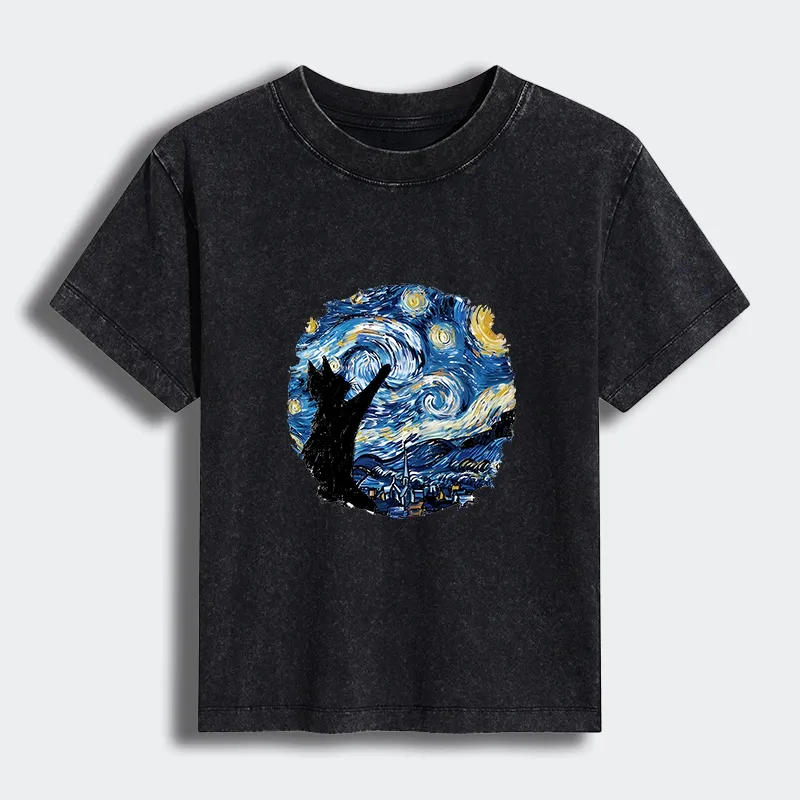 Tokyo-Tiger Starry Night Black Cat Women's Washed T-shirt Sale