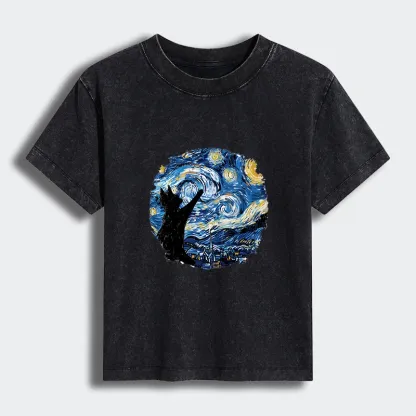 Tokyo-Tiger Starry Night Black Cat Women's Washed T-shirt