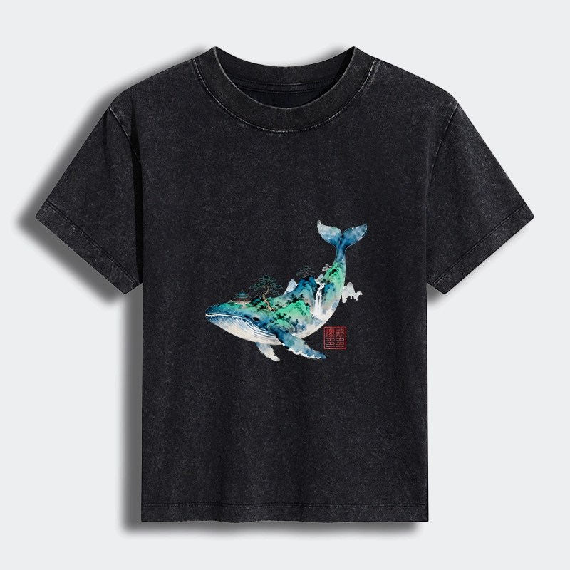 Tokyo-Tiger Whale Ink Painting Landscape Women's Washed T-shirt