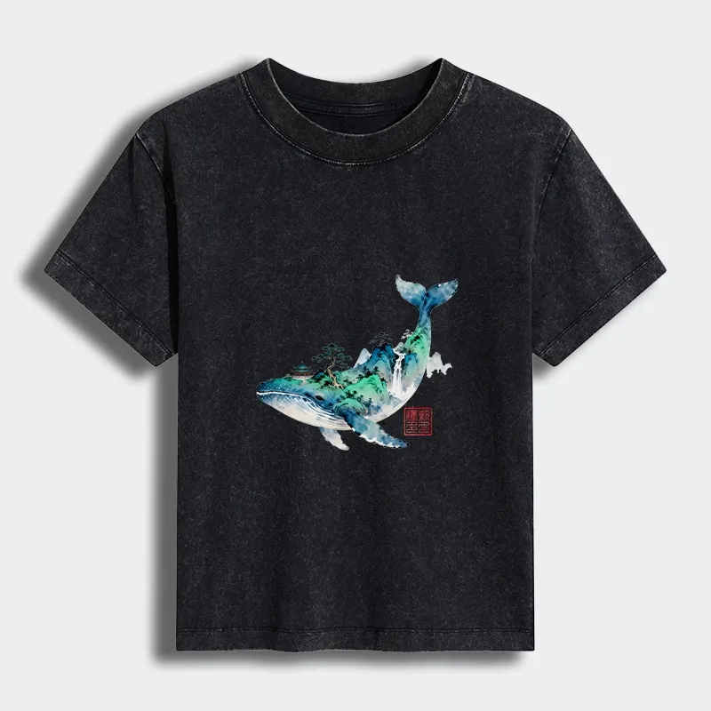 Tokyo-Tiger Whale Ink Painting Landscape Women's Washed T-shirt