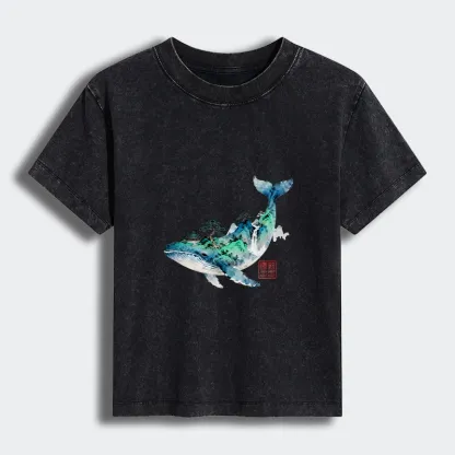 Tokyo-Tiger Whale Ink Painting Landscape Women's Washed T-shirt