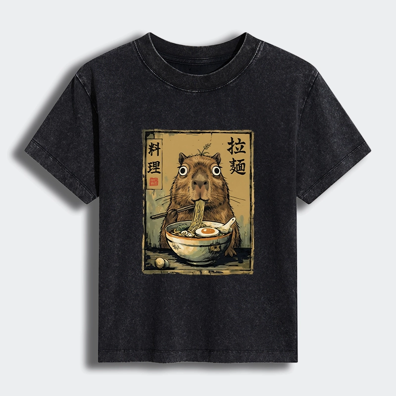 Tokyo-Tiger Cute Capybara Eating Ramen Women's Washed T-shirt