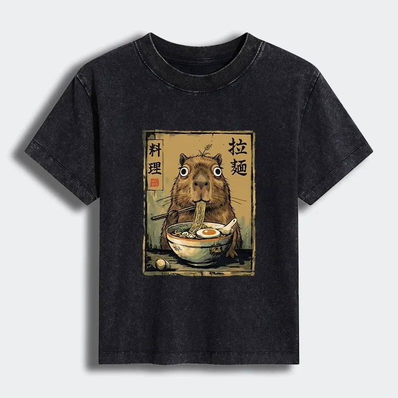 Tokyo-Tiger Cute Capybara Eating Ramen Women's Washed T-shirt Sale