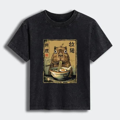 Tokyo-Tiger Cute Capybara Eating Ramen Women's Washed T-shirt
