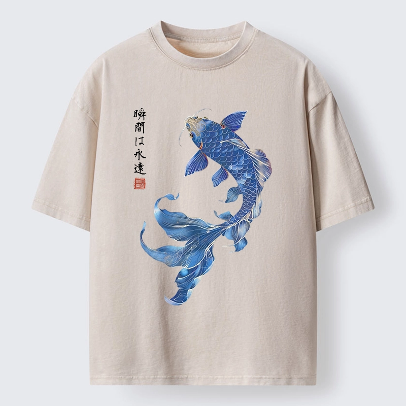 Tokyo-Tiger Lucky Blue Koi Fish Art Washed T-Shirt