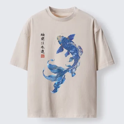 Tokyo-Tiger Lucky Blue Koi Fish Art Washed T-Shirt