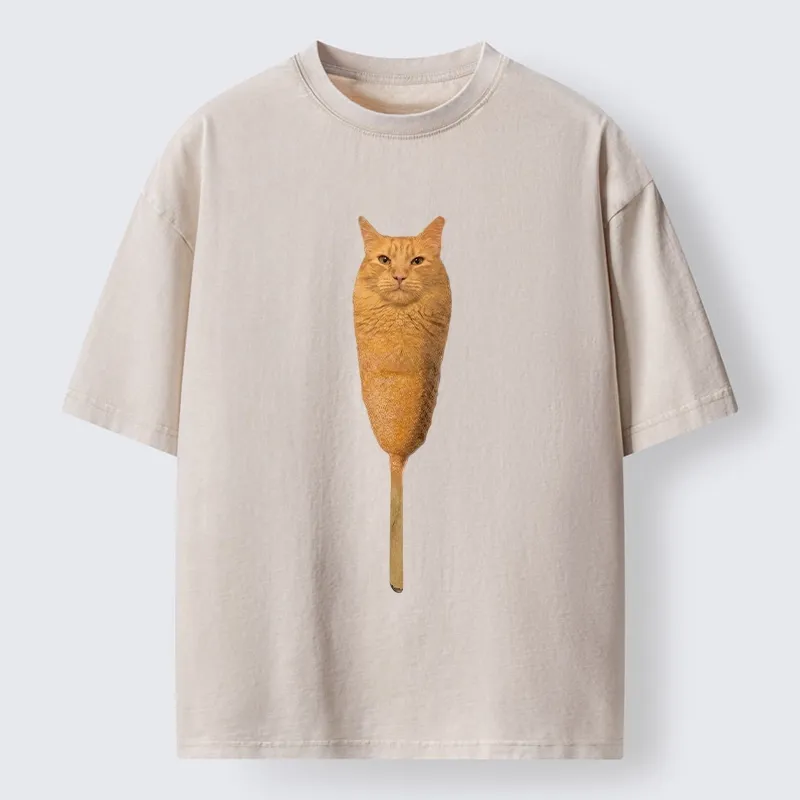 Tokyo-Tiger Orange Cat Corn Dog Meme Washed T-Shirt