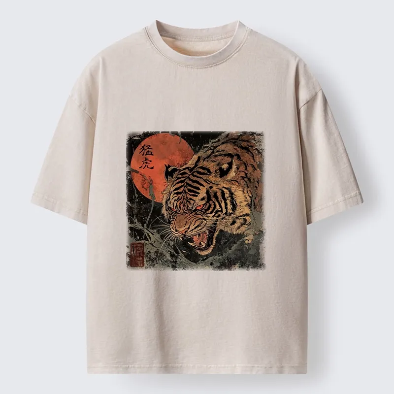 Tokyo-Tiger Fierce Tiger Red Moon Art Washed T-Shirt